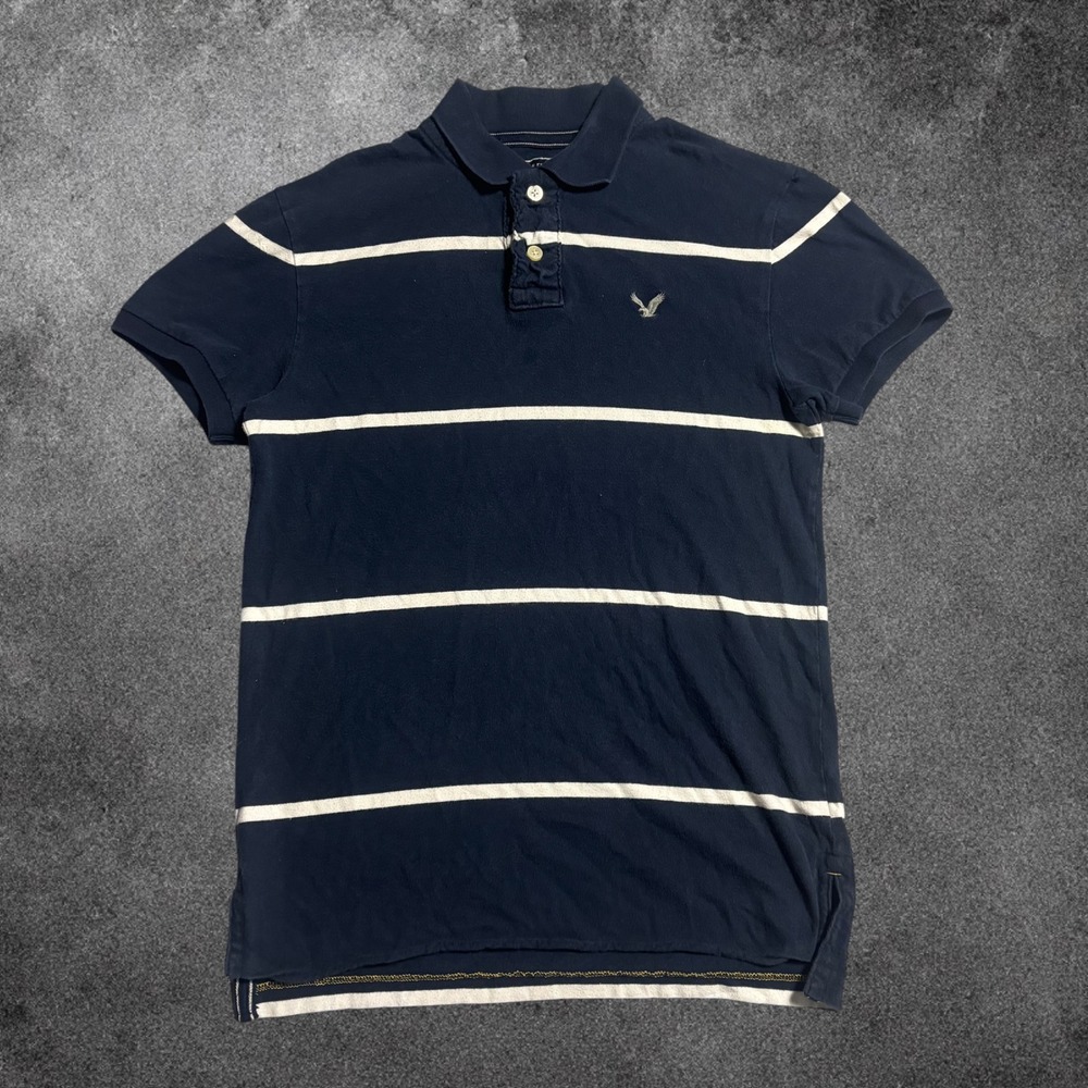 American Eagle Vintage Fit Polo Shirt Mens Small Navy Blue White Striped Logo S